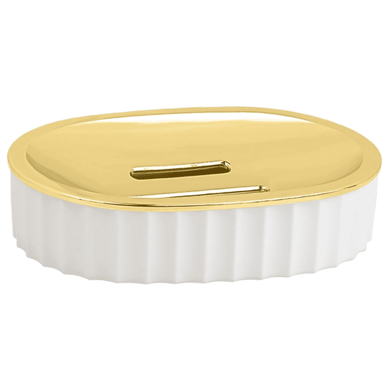 Set accesorii baie, realizat din plastic, cos gunoi, perie WC, dozator sapun lichid, pahar baie pentru igiena personala si sapuniera, culoarea alb si auriu-poza 5-Dacenergy.ro