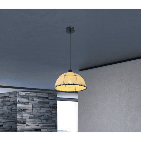 Suspensie, fabricat din metal, abajur textil decorat cu snur de canepa, soclu E27, IP20, 300 x 1200 mm, negru si bej-poza 3-Dacenergy.ro