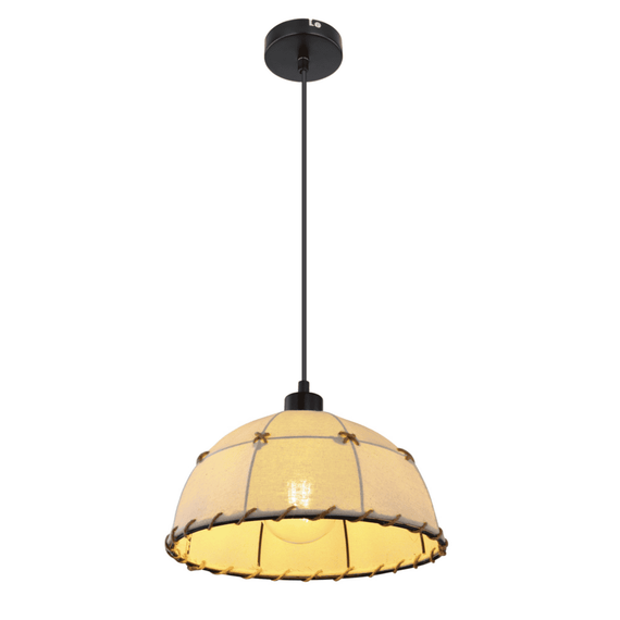 Suspensie, fabricat din metal, abajur textil decorat cu snur de canepa, soclu E27, IP20, 300 x 1200 mm, negru si bej-Dacenergy.ro