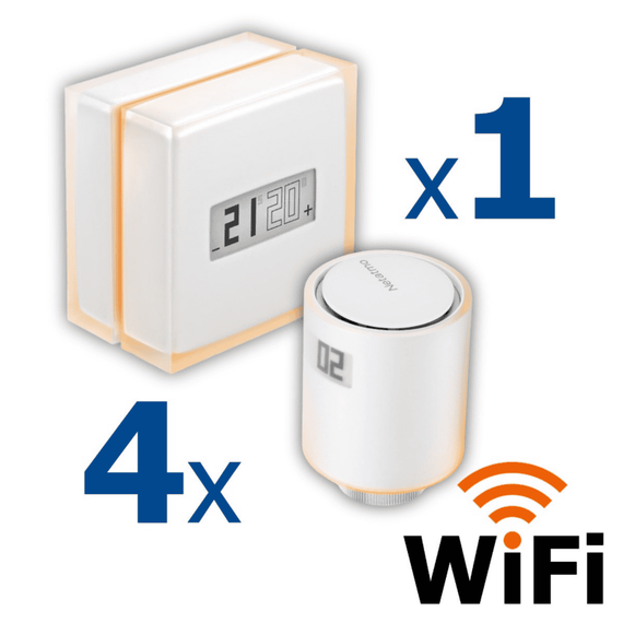 Kit termostat de ambient si 4 capete termostat smart pentru calorifer Netatmo, WI-FI, cu afisaj digital LCD, compatibile cu IOS sau Android, control de la distanta, detectare fereastra deschisa, programabil, Numar piese: 5-Dacenergy.ro