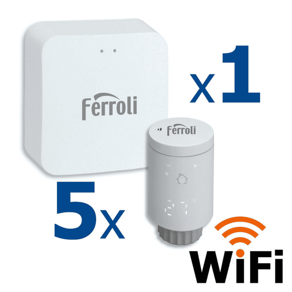 Kit controler gateway si 5 capete termostat smart pentru calorifer Ferroli Wi-Fi, control de la distanta, siguranta pentru copii, detectare fereastra deschisa, afisaj digital, programabil, alb, Numar piese: 6-Dacenergy.ro