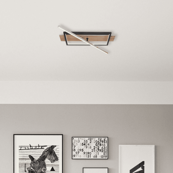 Plafoniera LED, carcasa din metal, detaliile din lemn, 1200lm, 28W, lumina calda, functie de memorie, 605 x 200 x 90 mm, combinatia de negru mat si opal-poza 2-Dacenergy.ro