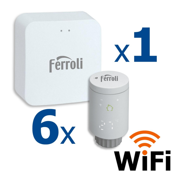 Kit controler gateway si 6 capete termostat smart pentru calorifer Ferroli, Wi-Fi, control de la distanta, siguranta pentru copii, detectare fereastra deschisa, afisaj digital, programabil, alb, Numar piese: 7-Dacenergy.ro