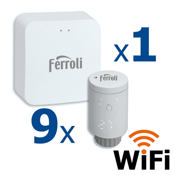 Kit controler gateway si 9 capete termostat smart pentru calorifer Ferroli, Wi-Fi, control de la distanta, siguranta pentru copii, detectare fereastra deschisa, afisaj digital, programabil, alb, Numar piese: 10-Dacenergy.ro