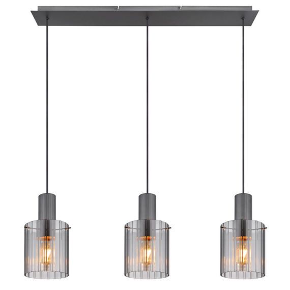 Suspensie, realizata din metal, trei abajururi din sticla fumurie,  980 x 180 x 1200 mm, IP20, 3 surse cu soclu E27, gri inchis-Dacenergy.ro