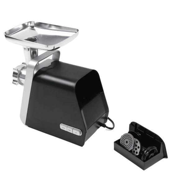 Masina de tocat carne, electrica, Paxton, 1500 W, 1 treapta de putere, 3 site pentru tocare, functie Reverse, accesorii pentru carnati si kebbe, suc de rosii, 4 accesorii pentru razuire, negru si argintiu-poza 4-Dacenergy.ro