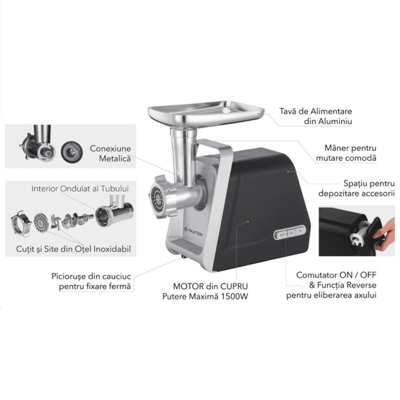 Masina de tocat carne, electrica, Paxton, 1500 W, 1 treapta de putere, 3 site pentru tocare, functie Reverse, accesorii pentru carnati si kebbe, suc de rosii, 4 accesorii pentru razuire, negru si argintiu-poza 6-Dacenergy.ro