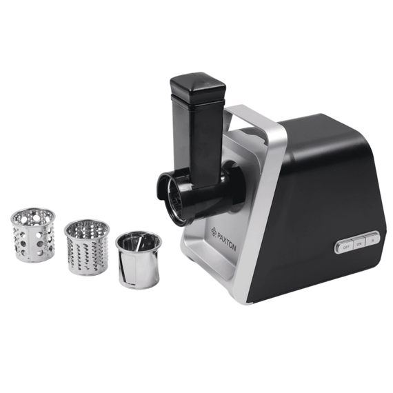Masina de tocat carne, electrica, Paxton, 1500 W, 1 treapta de putere, 3 site pentru tocare, functie Reverse, accesorii pentru carnati si kebbe, suc de rosii, 4 accesorii pentru razuire, negru si argintiu-poza 7-Dacenergy.ro