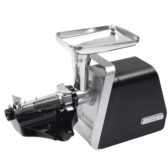 Masina de tocat carne, electrica, Paxton, 1500 W, 1 treapta de putere, 3 site pentru tocare, functie Reverse, accesorii pentru carnati si kebbe, suc de rosii, 4 accesorii pentru razuire, negru si argintiu-poza 8-Dacenergy.ro