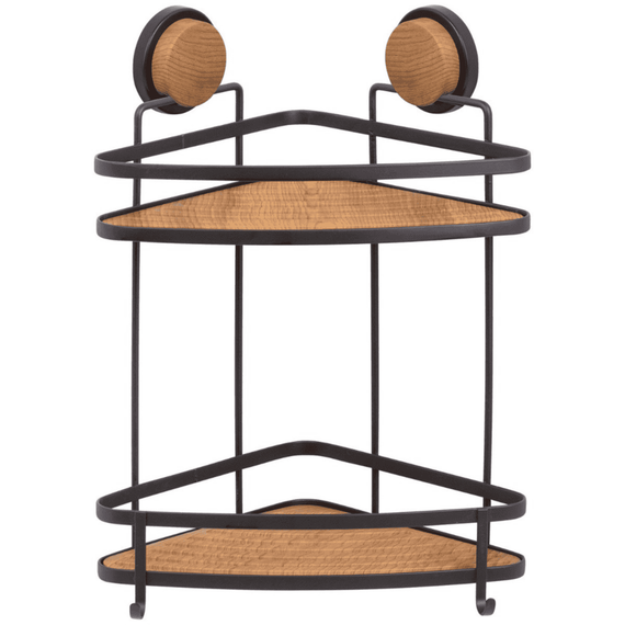 Etajera baie, din ABS si otel, 2 rafturi, montaj pe colt, 20.5 x 20.5 x 36.5 cm, lemn si negru-Dacenergy.ro