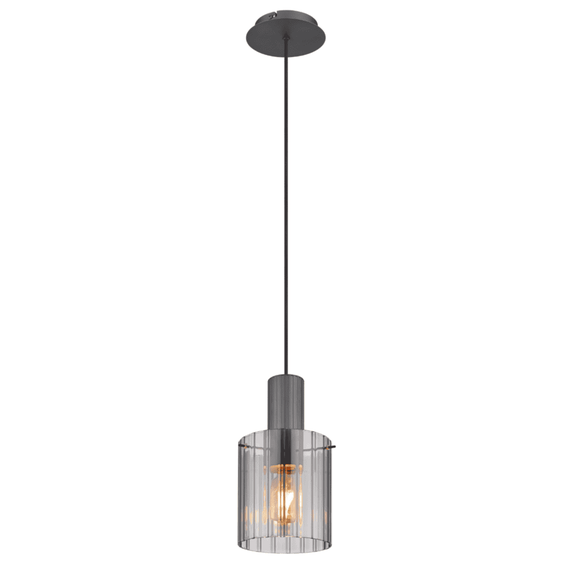 Suspensie, realizata din metal, un abajur din sticla fumurie, 180 x 1500 mm, IP20, o sursa cu soclu E27, gri inchis-Dacenergy.ro