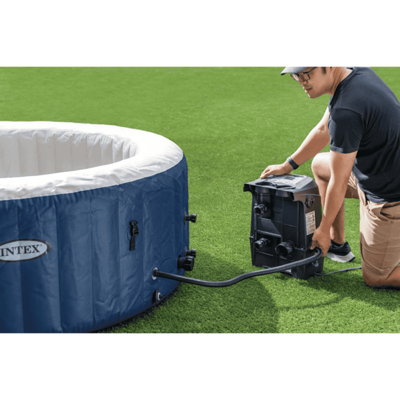 Piscina gonflabila cu hidromasaj Intex, 4 persoane, capac termoizolant pentru mentinerea temperaturii apei, dozator chimic plutitor, cartus filtrare, sistem de umflare automat, 180 x 66 cm, albastru-poza 3-Dacenergy.ro
