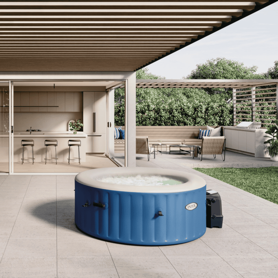 Piscina gonflabila cu hidromasaj Intex, 4 persoane, capac termoizolant pentru mentinerea temperaturii apei, dozator chimic plutitor, cartus filtrare, sistem de umflare automat, 180 x 66 cm, albastru-poza 6-Dacenergy.ro