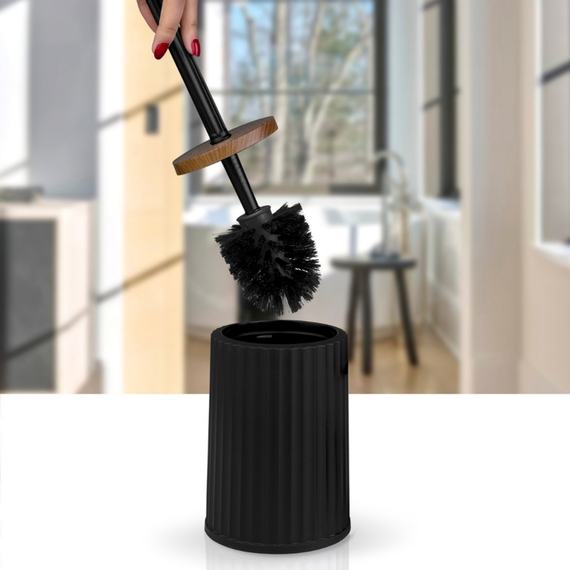 Perie WC, polipropilena si ABS, montaj stativ, design modern, 11.9 x 11.9 x 34 cm, negru si lemn, Culoare: Negru, Lemn-poza 2-Dacenergy.ro