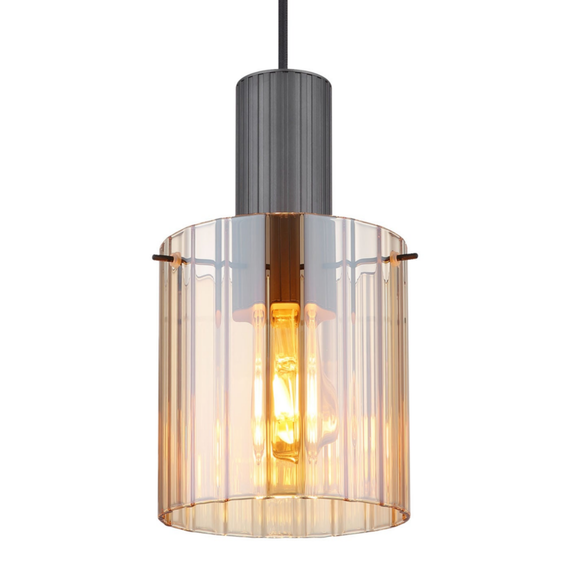 Suspensie, realizata din metal, un abajur din sticla chihlimbar, 180 x 1500 mm, IP20, o sursa cu soclu E27, gri-poza 2-Dacenergy.ro