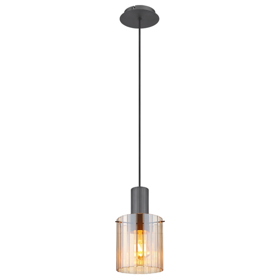 Suspensie, realizata din metal, un abajur din sticla chihlimbar, 180 x 1500 mm, IP20, o sursa cu soclu E27, gri-Dacenergy.ro