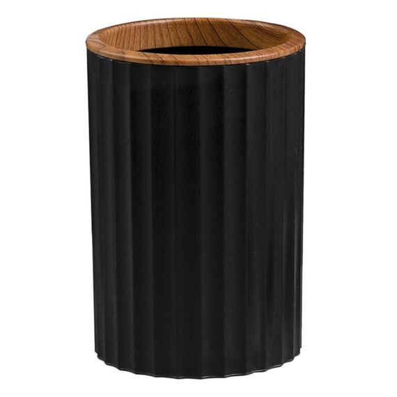 Set accesorii baie, realizat din plastic, cos gunoi, perie WC, dozator sapun lichid, pahar baie pentru igiena personala si sapuniera, culoarea negru si lemn-poza 3-Dacenergy.ro