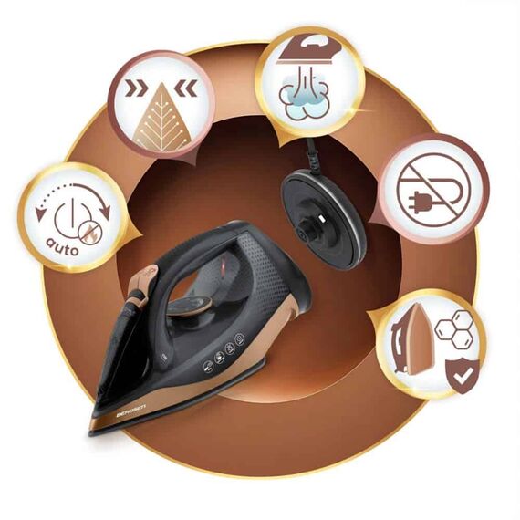 Fier de calcat cu abur fara fir, talpa ceramica, oprire automata, autocuratare, protectie la supraincalzire, rezervor de apa de 320 ml, abur vertical, reglare a temperaturii, suport de incarcare, 2600 W, Culoare: Negru, Auriu-poza 3-Dacenergy.ro