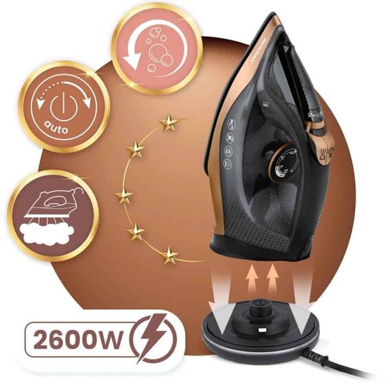 Fier de calcat cu abur fara fir, talpa ceramica, oprire automata, autocuratare, protectie la supraincalzire, rezervor de apa de 320 ml, abur vertical, reglare a temperaturii, suport de incarcare, 2600 W, Culoare: Negru, Auriu-poza 8-Dacenergy.ro