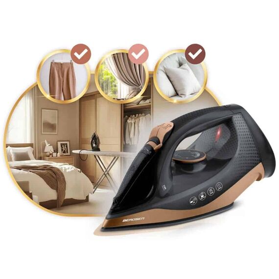 Fier de calcat cu abur fara fir, talpa ceramica, oprire automata, autocuratare, protectie la supraincalzire, rezervor de apa de 320 ml, abur vertical, reglare a temperaturii, suport de incarcare, 2600 W, Culoare: Negru, Auriu-poza 9-Dacenergy.ro