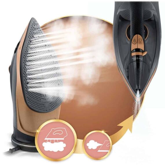 Fier de calcat cu abur fara fir, talpa ceramica, oprire automata, autocuratare, protectie la supraincalzire, rezervor de apa de 320 ml, abur vertical, reglare a temperaturii, suport de incarcare, 2600 W, Culoare: Negru, Auriu-poza 11-Dacenergy.ro