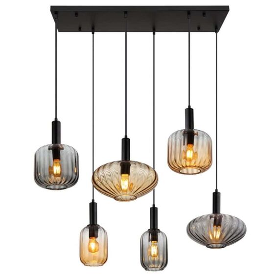 Suspensie, realizata din metal, design elegant, 6 abajururi suspendate, 3 nuanta chihlimbar si 3 fumurii, E27, 1000 x 470 x 1500 mm, negru-Dacenergy.ro