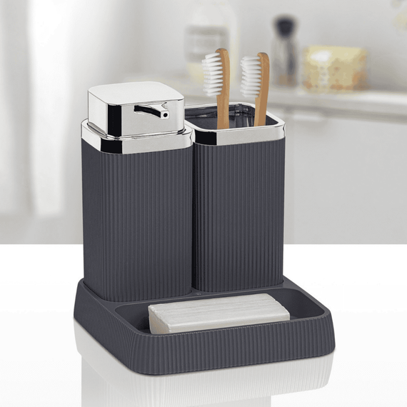 Set accesorii baie, realizat din materiale calitative, ABS si polistiren, dozator sapun, pahar baie, savoniera, finisaj antracit si cromat, Culoare: Antracit, Cromat-poza 2-Dacenergy.ro