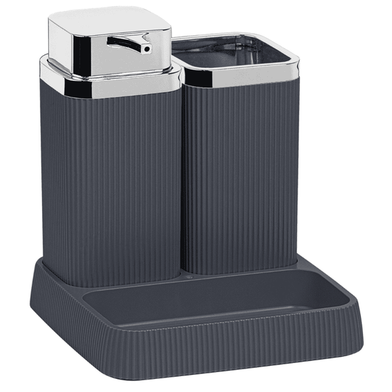 Set accesorii baie, realizat din materiale calitative, ABS si polistiren, dozator sapun, pahar baie, savoniera, finisaj antracit si cromat, Culoare: Antracit, Cromat-Dacenergy.ro
