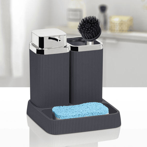 Set accesorii baie, realizat din materiale calitative, ABS si polistiren, dozator sapun, pahar baie, savoniera, finisaj antracit si cromat, Culoare: Antracit, Cromat-poza 4-Dacenergy.ro