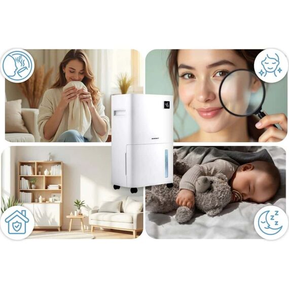 Dezumidificator, cu compresor, afisaj, panou de control tactil, higrostat, filtru de particule, cronometru de 24 de ore, dezumidificare, dezumidificare continua, uscare rufe, Wi-Fi, 140 m³/h, 20 l/24 h-poza 2-Dacenergy.ro