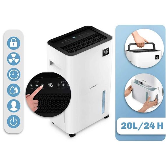 Dezumidificator, cu compresor, afisaj, panou de control tactil, higrostat, filtru de particule, cronometru de 24 de ore, dezumidificare, dezumidificare continua, uscare rufe, Wi-Fi, 140 m³/h, 20 l/24 h-poza 4-Dacenergy.ro