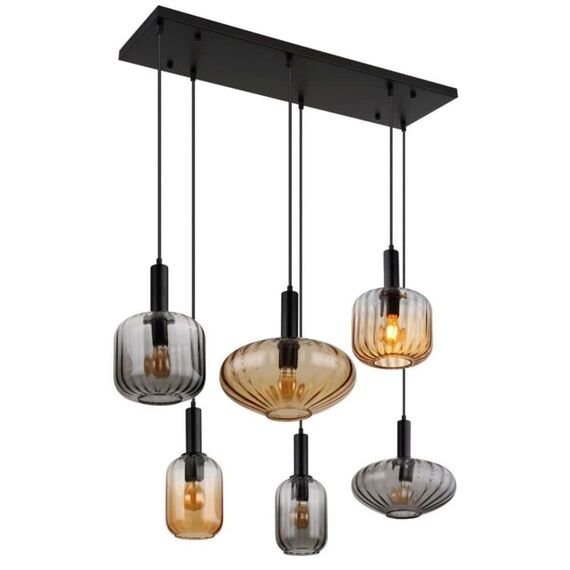 Suspensie, realizata din metal, design elegant, 6 abajururi suspendate, 3 nuanta chihlimbar si 3 fumurii, E27, 1000 x 470 x 1500 mm, negru-poza 3-Dacenergy.ro