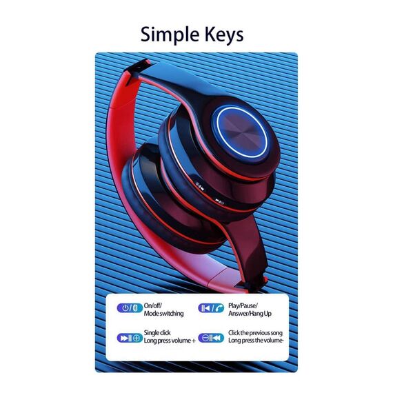 Casti audio On Ear DacEnergy©, Wireless, Bluetooth 5.0/ MP3 Card, Plug-In, HI-FI sound, Hands-free Call, design ergonomic, culoare negru/rosu-poza 4-Dacenergy.ro