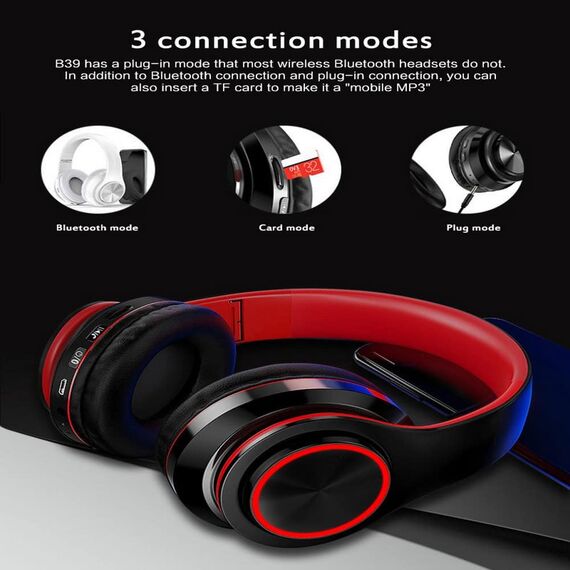 Casti audio On Ear DacEnergy©, Wireless, Bluetooth 5.0/ MP3 Card, Plug-In, HI-FI sound, Hands-free Call, design ergonomic, culoare rosu/negru-poza 4-Dacenergy.ro