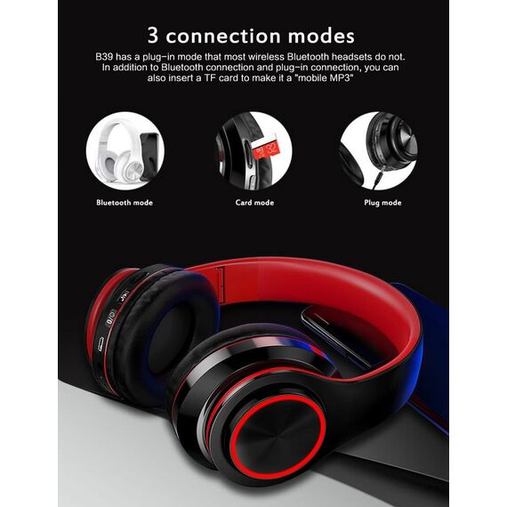 Casti audio On Ear DacEnergy©, Wireless, Bluetooth 5.0/ MP3 Card, Plug-In, HI-FI sound, Hands-free Call, design ergonomic, culoare negru/rosu-poza 5-Dacenergy.ro