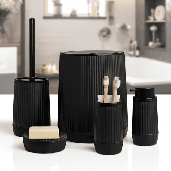 Set accesorii baie, realizat din plastic, cos gunoi, perie WC, dozator sapun lichid, pahar baie pentru igiena personala si sapuniera, negru, 5 piese, Culoare: Negru-poza 2-Dacenergy.ro