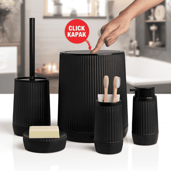 Set accesorii baie, realizat din plastic, cos gunoi, perie WC, dozator sapun lichid, pahar baie pentru igiena personala si sapuniera, negru, 5 piese, Culoare: Negru-poza 4-Dacenergy.ro