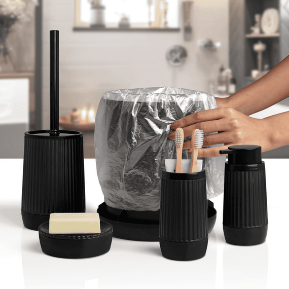 Set accesorii baie, realizat din plastic, cos gunoi, perie WC, dozator sapun lichid, pahar baie pentru igiena personala si sapuniera, negru, 5 piese, Culoare: Negru-poza 7-Dacenergy.ro