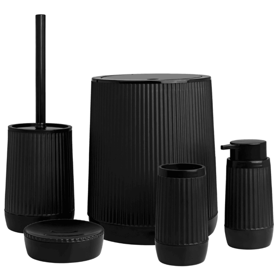 Set accesorii baie, realizat din plastic, cos gunoi, perie WC, dozator sapun lichid, pahar baie pentru igiena personala si sapuniera, negru, 5 piese, Culoare: Negru-Dacenergy.ro