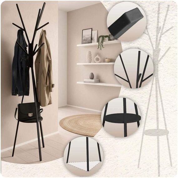 Cuier tip pom DacEnergy©, structura metalica din otel, baza triunghiulara stabila, un raft, numeroase agatatori, sarcina maxima pana la 20 kg, inaltimea de 181 cm, negru-poza 5-Dacenergy.ro