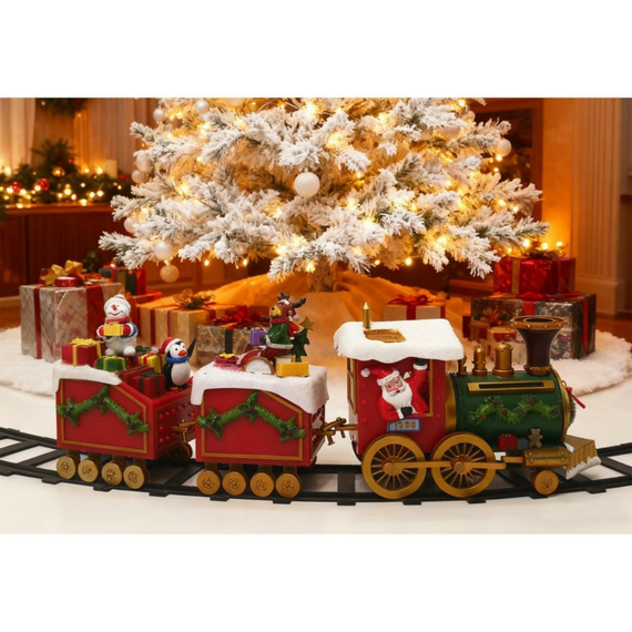 Decoratiune Craciun tren cu circuit DacEnergy©, 2 LED-uri, lumina calda, 8 melodii traditionale, H 12 cm, alimentare baterii, rosu, albastru si alb-poza 4-Dacenergy.ro