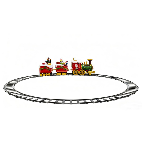 Decoratiune Craciun tren cu circuit DacEnergy©, 2 LED-uri, lumina calda, 8 melodii traditionale, H 12 cm, alimentare baterii, rosu, albastru si alb-Dacenergy.ro