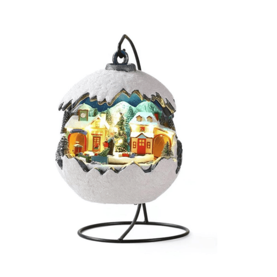 Decoratiune Craciun glob cu tren DacEnergy©, din polirasina, inaltime de 31 cm, 16 LED-uri, lumina multicolora, 8 melodii clasice de Craciun, alimentare baterii-Dacenergy.ro
