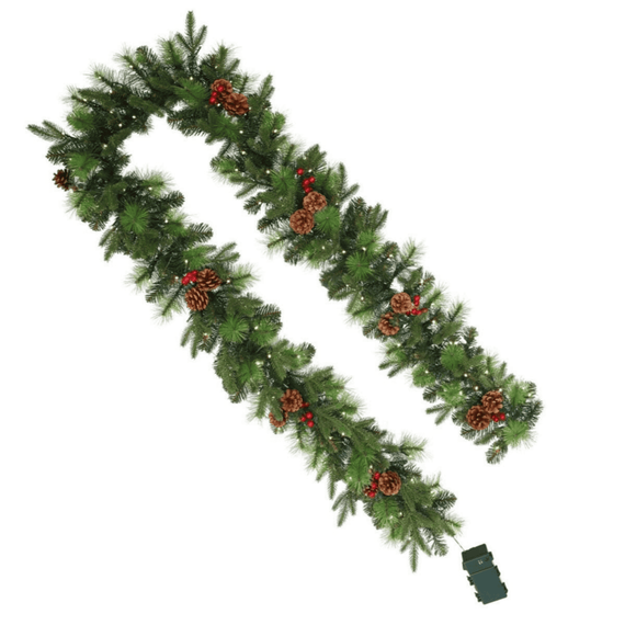 Decoratiune Craciun exterior ghirlanda luminoasa DacEnergy©, realizat din ace verzi, conurile de pin si fructele rosii, functia timer, 120 LED-uri, lumina calda, alimentare baterii, H 270 cm-Dacenergy.ro