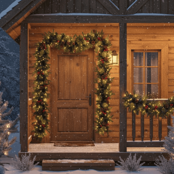Decoratiune Craciun exterior ghirlanda luminoasa DacEnergy©, realizat din ace verzi, conurile de pin si fructele rosii, functia timer, 120 LED-uri, lumina calda, alimentare baterii, H 270 cm-poza 6-Dacenergy.ro