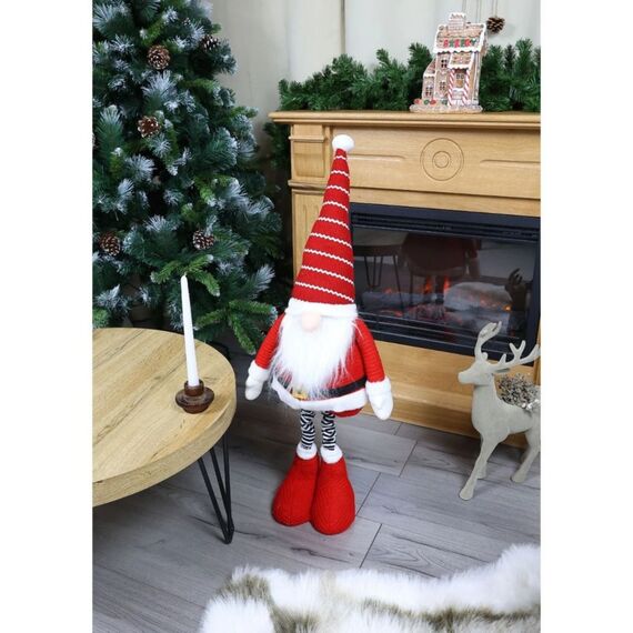 Figurina decorativa de Craciun DacEnergy©, tip gnom, realizata din poliester, nisip si metal, stabila si durabila, 31 x 22 x 78 / 102 cm, in culori festive de alb si rosu-poza 2-Dacenergy.ro
