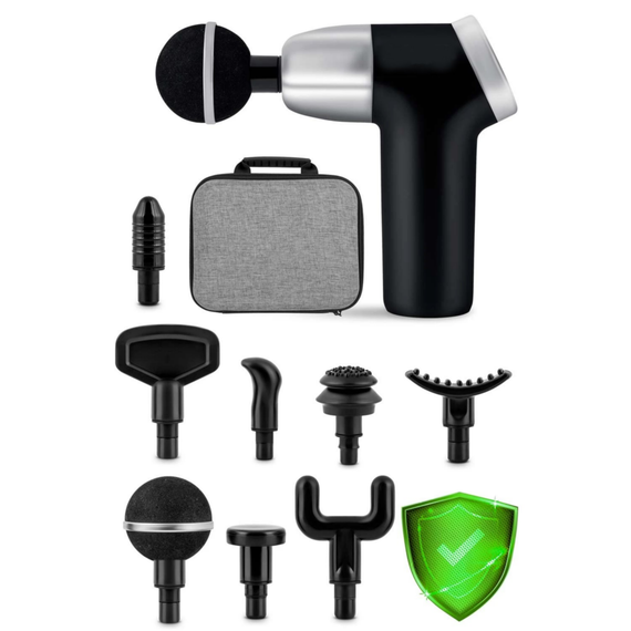 Pistol de masaj corporal, ecran LCD, 8 accesorii, protectie la supraincalzire, geanta de voiaj, design ergonomic, 20 de viteze, 3200 rotatii pe minut, negru-poza 11-Dacenergy.ro