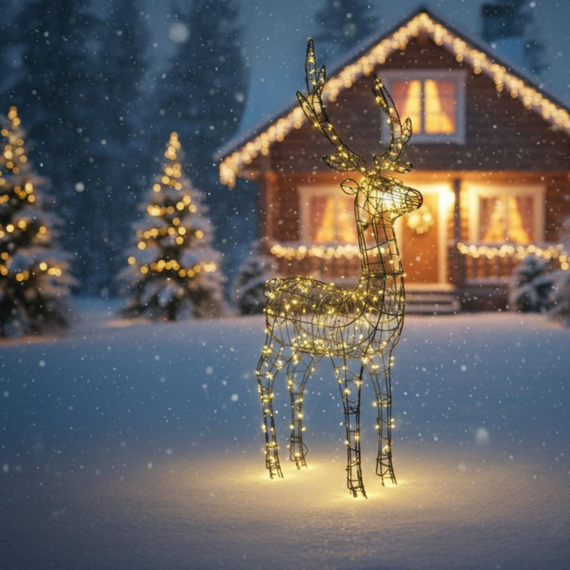 Decor de Craciun DacEnergy©, realizat din plastic si metal, in forma de ren, cu 300 LED-uri, lumina alba calda constanta, 67 x 63 x 128 cm, IP44, interior si exterior-poza 2-Dacenergy.ro
