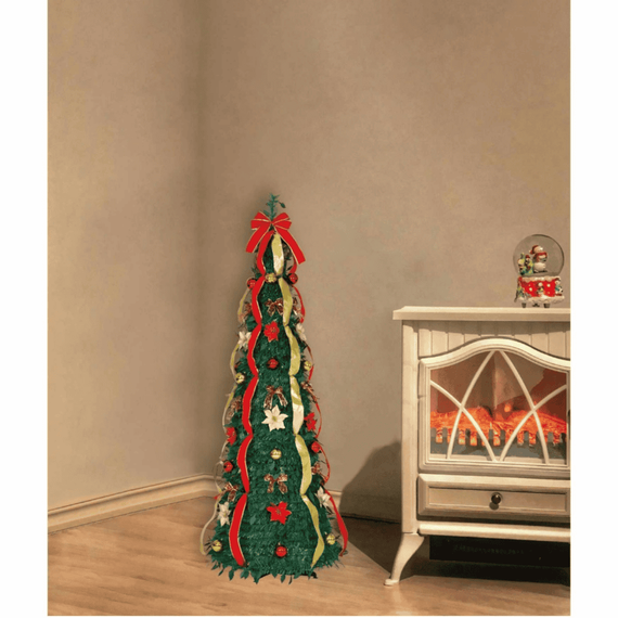 Brad artificial de Craciun DacEnergy©, din metal, plastic, poliester si PVC, flori, fundite, globuri, panglici, 120 cm, sistem pliabil, verde, rosu, auriu-poza 4-Dacenergy.ro