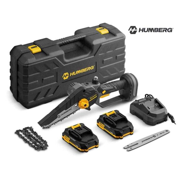 Mini drujba fara fir Humberg, motor fara perii, 2 baterii de 21V si 2Ah, 2 sine de ghidare de 6", lanturi, ungere automata, tensionare rapida, 21000 rpm, sistem de reglare a lantului-poza 4-Dacenergy.ro